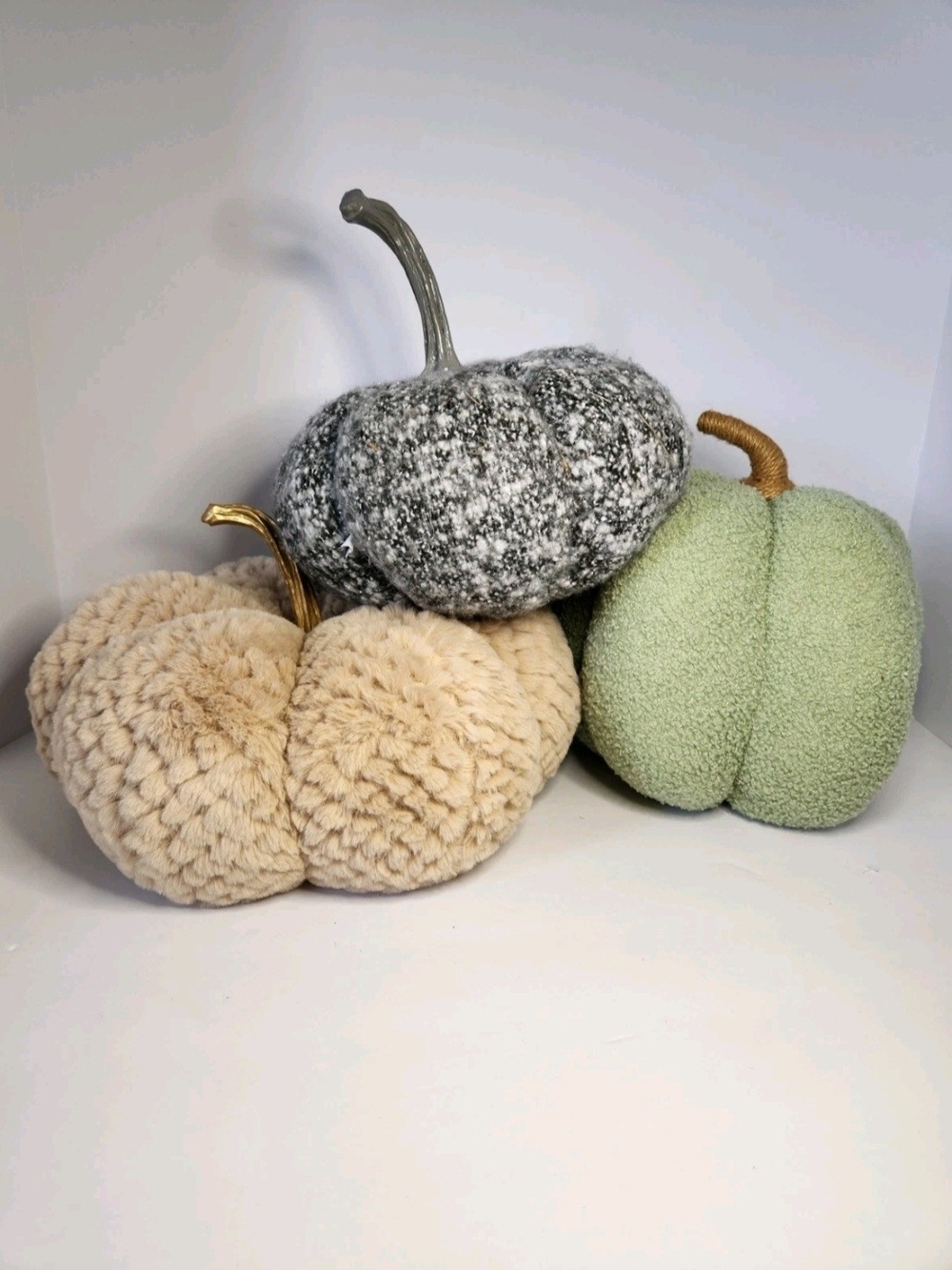 Cozy Plush Decorative Pumpkins - Sage Green, Cream & Speckled Gray